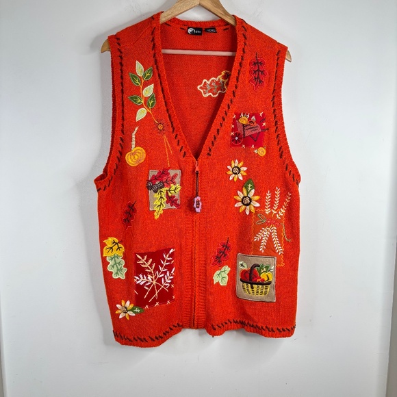 VTG Halloween Sweater Vest 1X Embroidered Pumpkin Sunflower Leaves Acorn 90s Zip - Picture 1 of 10
